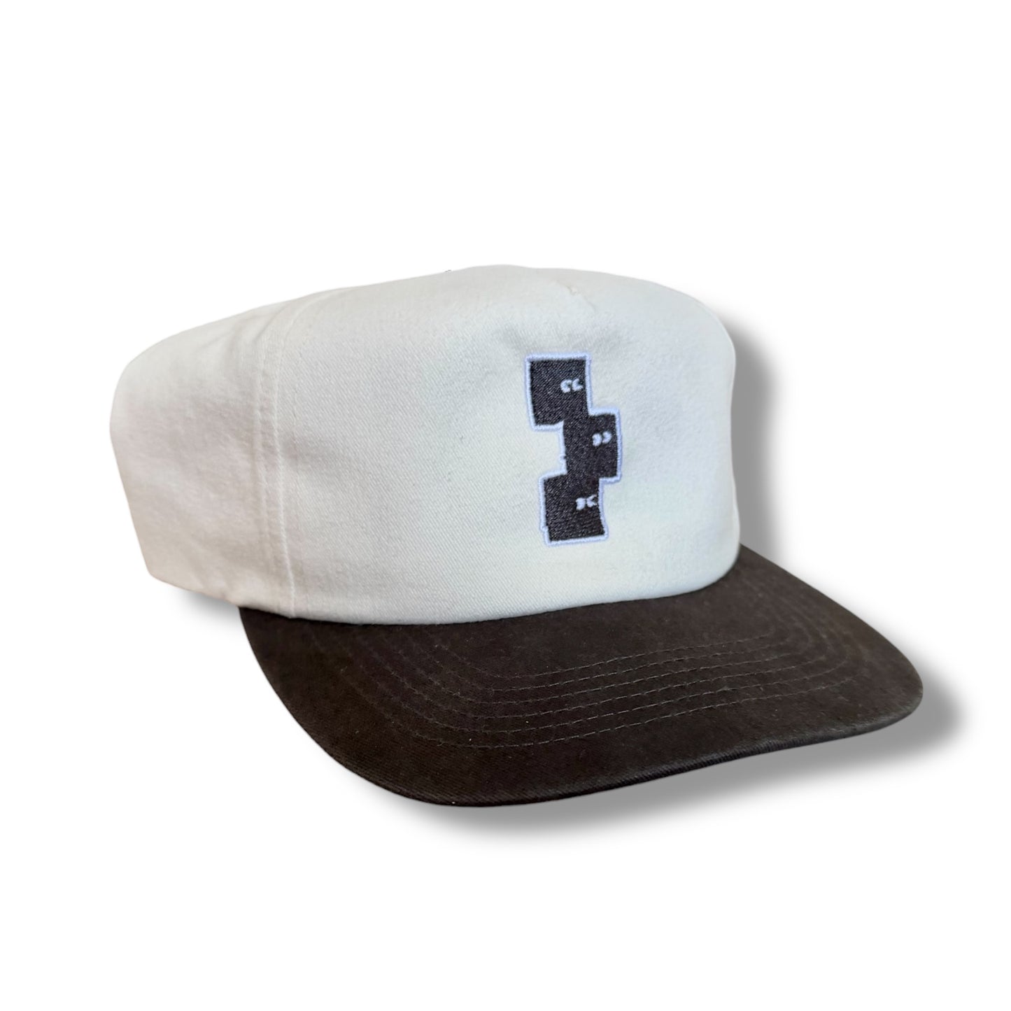 WASHED BLACK AND CREAM 5 PANEL SNAPBACK HAT