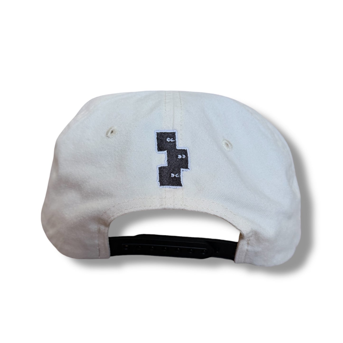 WASHED BLACK AND CREAM 5 PANEL SNAPBACK HAT